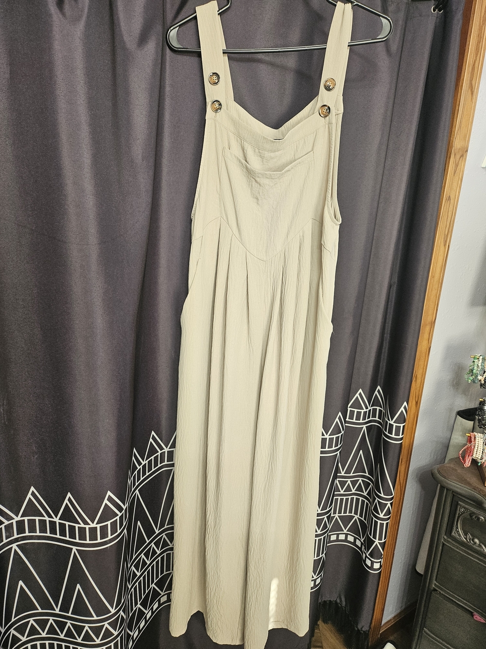 Beige Lightweight Button-Shoulder Jumpsuit